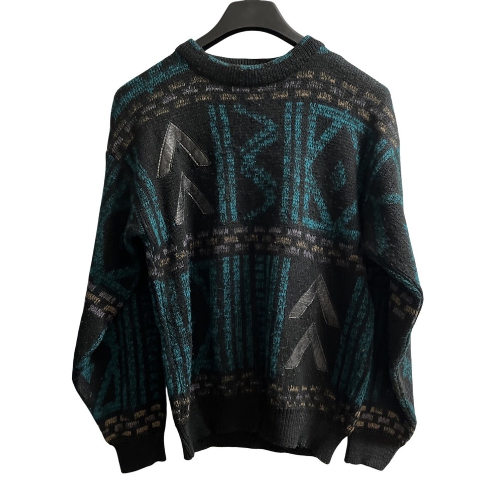 Vintage Atlantic‎ Traders Sweater  M Dark Geo Print Leather Trim Grandpa Grunge